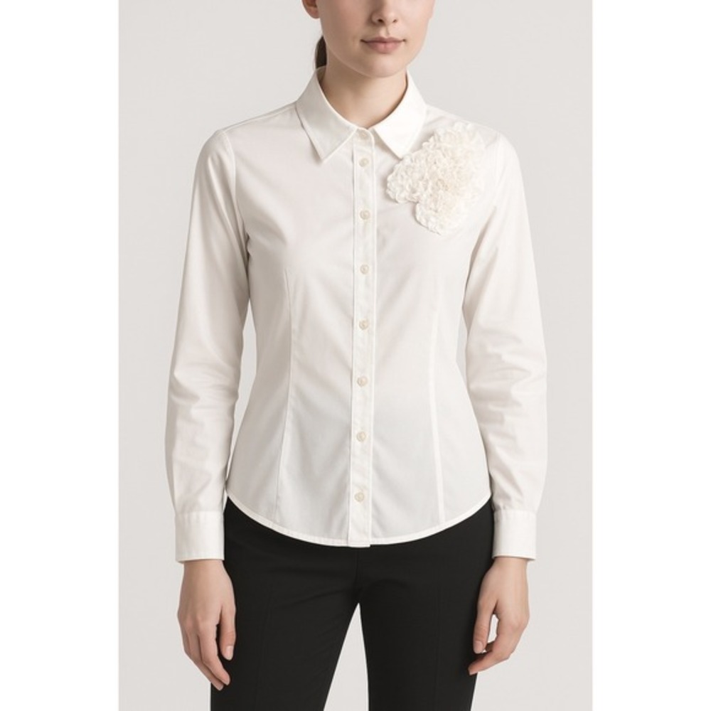 LOFT White Button Down Shirt Flower Applique 12 Preppy Academia Career 80-411